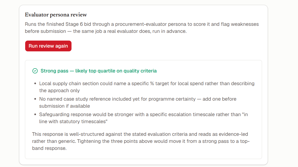 AI evaluator-style review showing a strong pass score and specific weaknesses