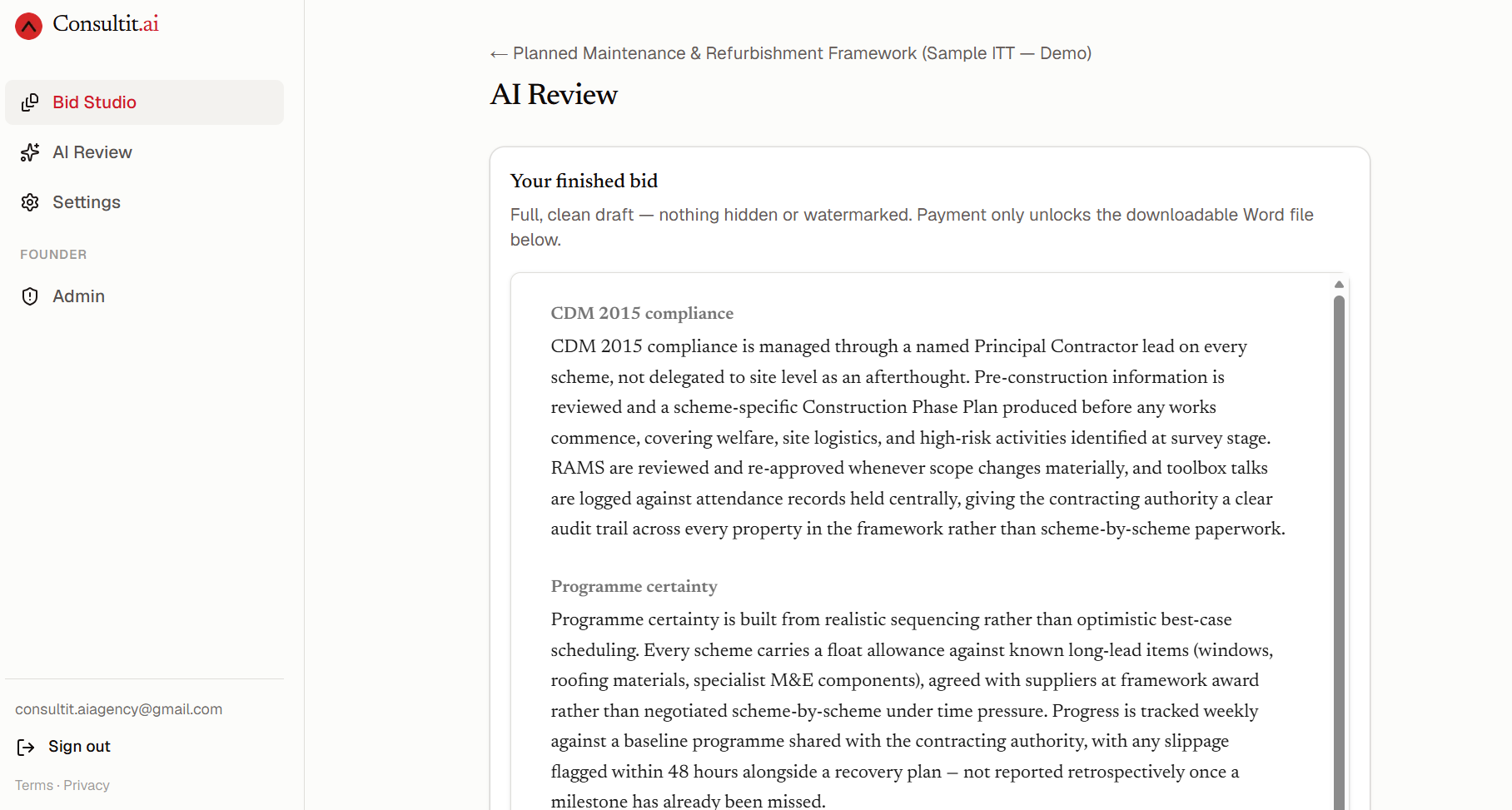 A finished, submitted bid document generated by Consultit.ai