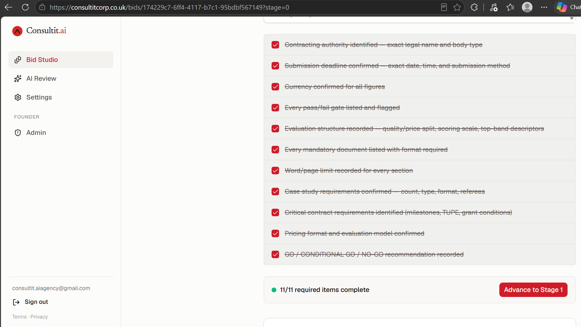 Stage 0 Pre-Analysis Compliance Gate checklist, fully cleared