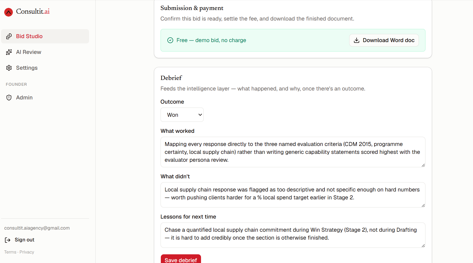 Submission, payment, and debrief screen